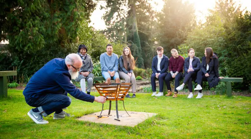 A group sitting around a fire pit