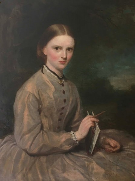 A painting of Elizabeth Ellen Buxton holding a notepad and pen.