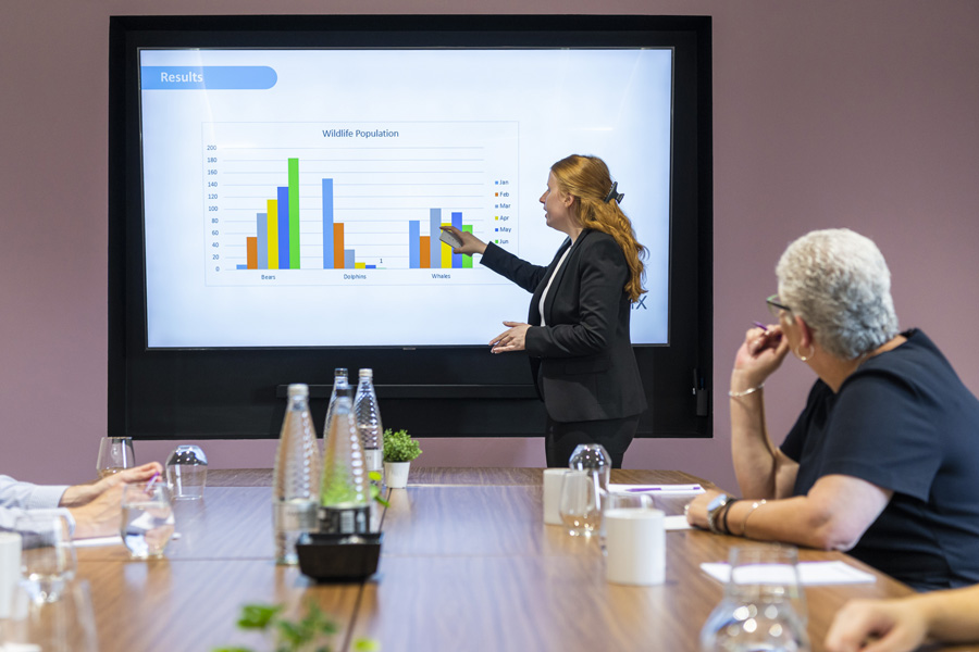 A woman doing a presentation on a large screen in front of a boardroom table with others watching