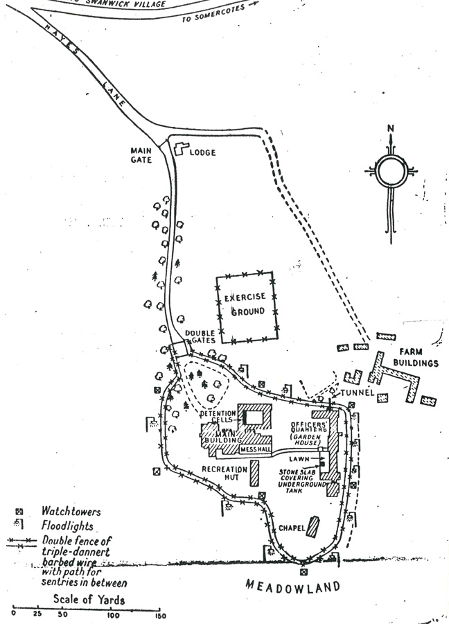 A hand-drawn map of the prisoner-of-war camp complete with watchtowers, floodlights and double fences of triple-donnert barbed wire with paths for sentries in between. 