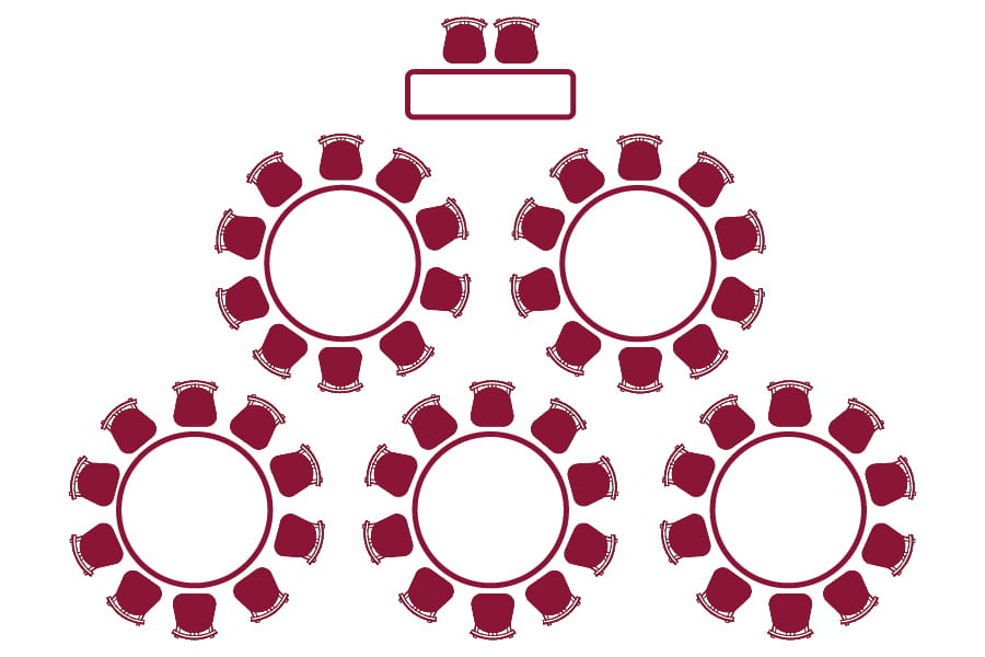 A diagram showcasing banquet style with chairs surrounding 6 round tables.