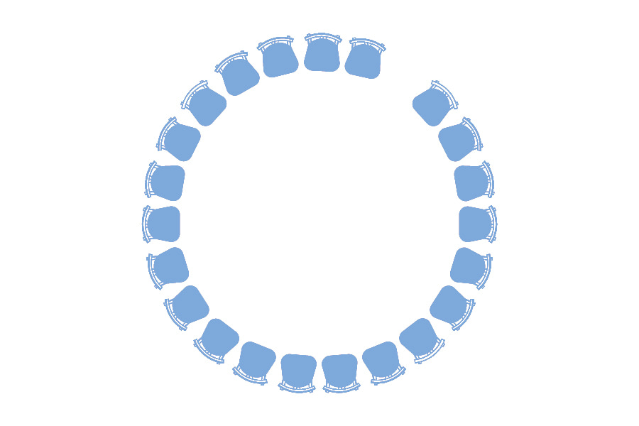 A diagram showing circle style with charis laid out in a circle leaving a one chair gap to allow people to walk in and out of the circle.