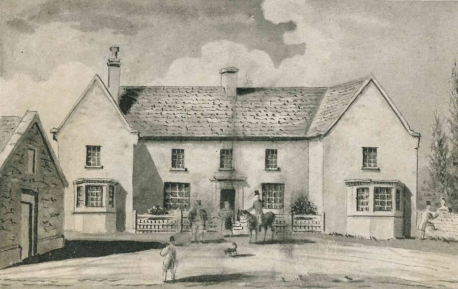 An old painting of Highgate House inn with people outside, one on a horse, all with top hats.