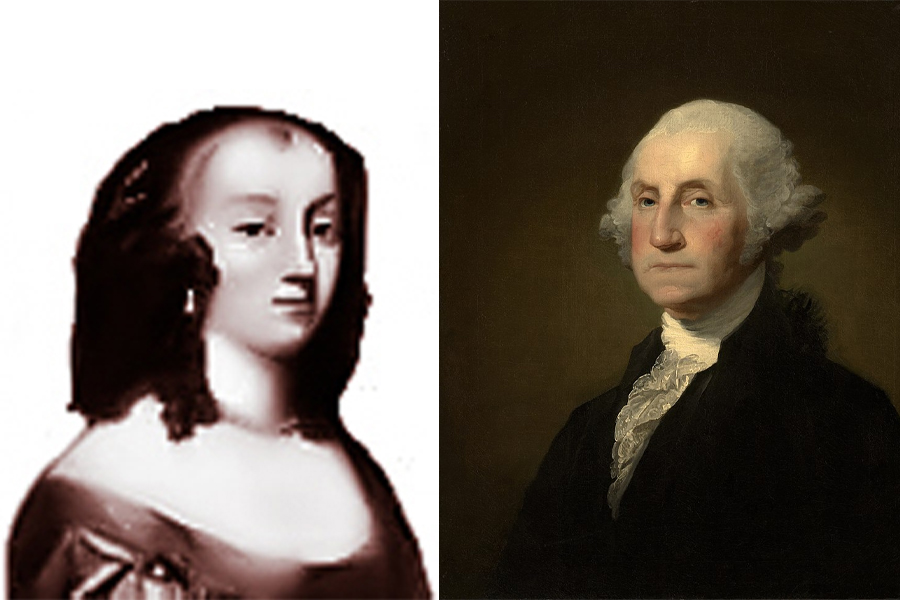An oil paiting of Amphylis Twigden on the left and George Washington, her great-great grandson, on the right