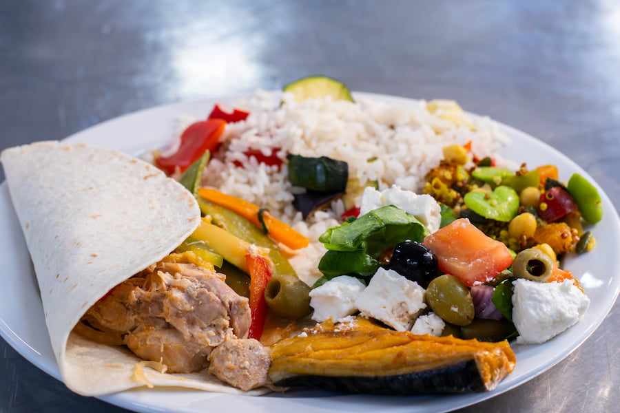 A plate full of food including a chicken wrap, a fillet of mackerel, rice and salad. 