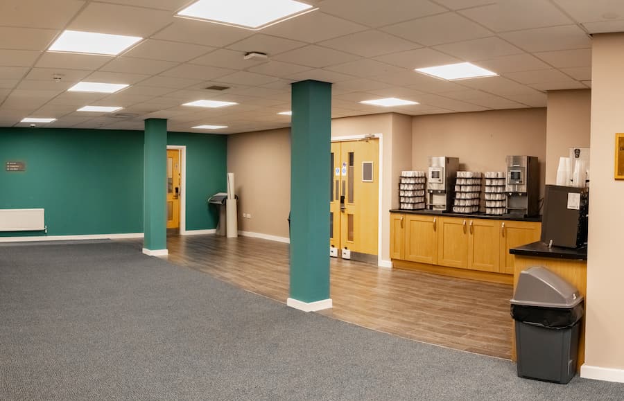 The Derbyshire Suite foyer with new carpet and flooring, fresh paint and a new colour scheme.