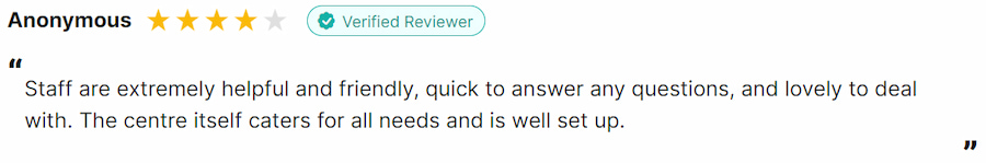 A customer review saying that the staff are extremely helpful and friendly, quick to answer any questions and lovely to deal with. 