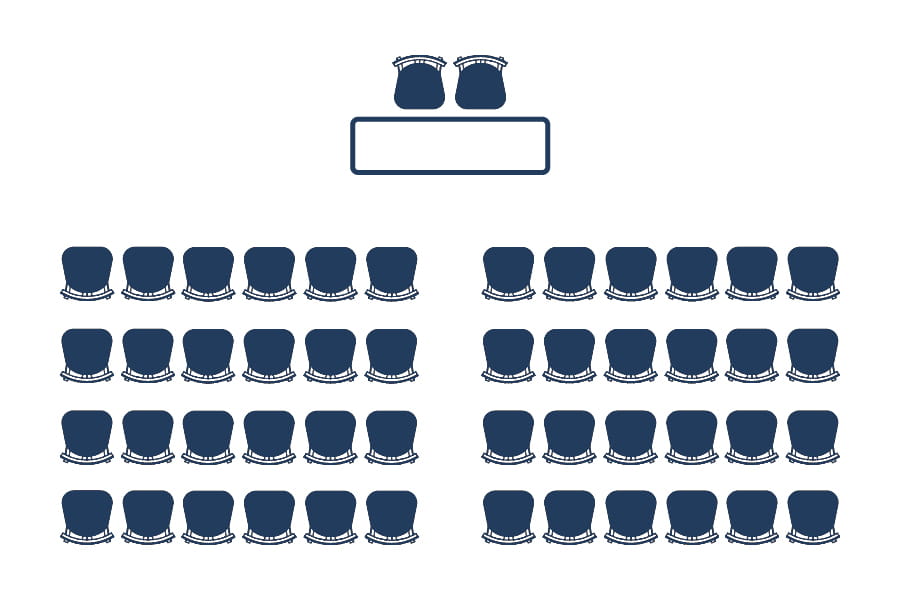 A diagram of theatre style showing straight rows of light blue chairs facing the front which has 2 chairs at a table.