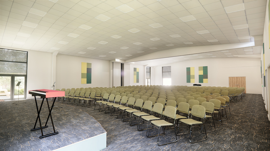 A 3D render of the inside of the new meeting hall with a view from the front showing the size of the hall.