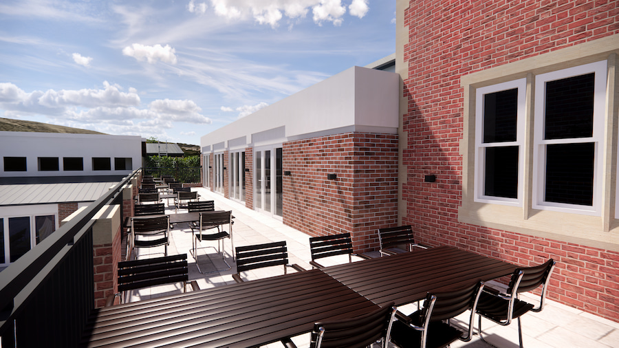 A 3D render of the new outdoor dining area that will come with the construction of the new meeting hall.